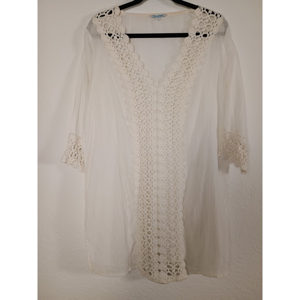 Blue Island White Crochet Lace V-Neck 3/4 Sleeve Tunic Top‎ Size M
